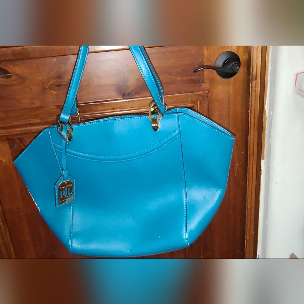 Ralph Lauren Designer Lexington Vibrant Blue Turquoise Tote Purse Bag - Picture 3 of 11
